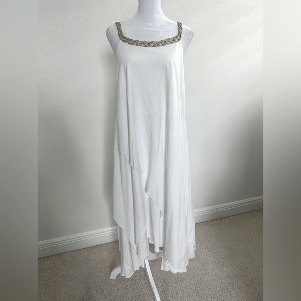 Coton Frais Long White Cotton Dress, Asymmetrical Hemline, Size M